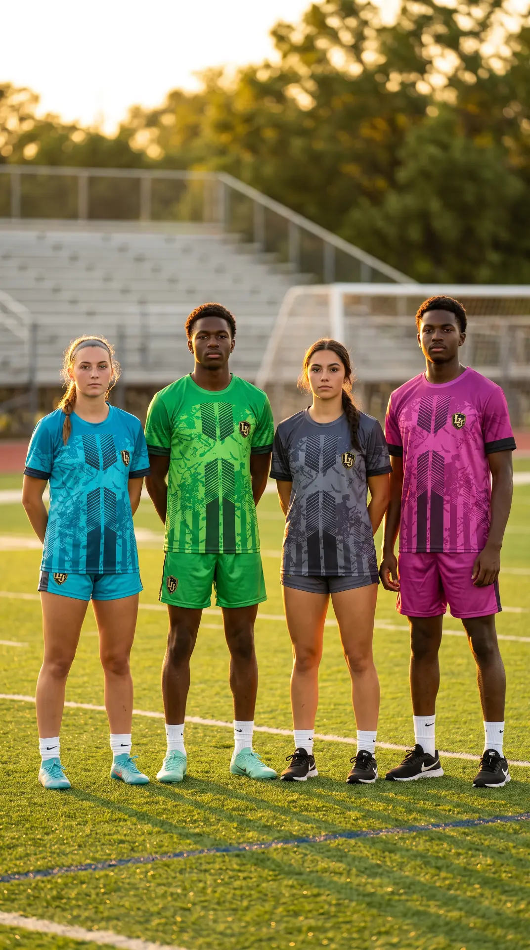 Four Legends University soccer players in the training jersey lineup, front view, in blue, green, gray, and purple, photographed on a soccer field