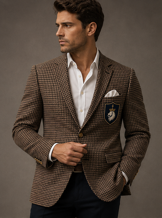 Tailored tan houndstooth blazer worn over a white shirt with a shield-shaped crest patch on the breast pocket