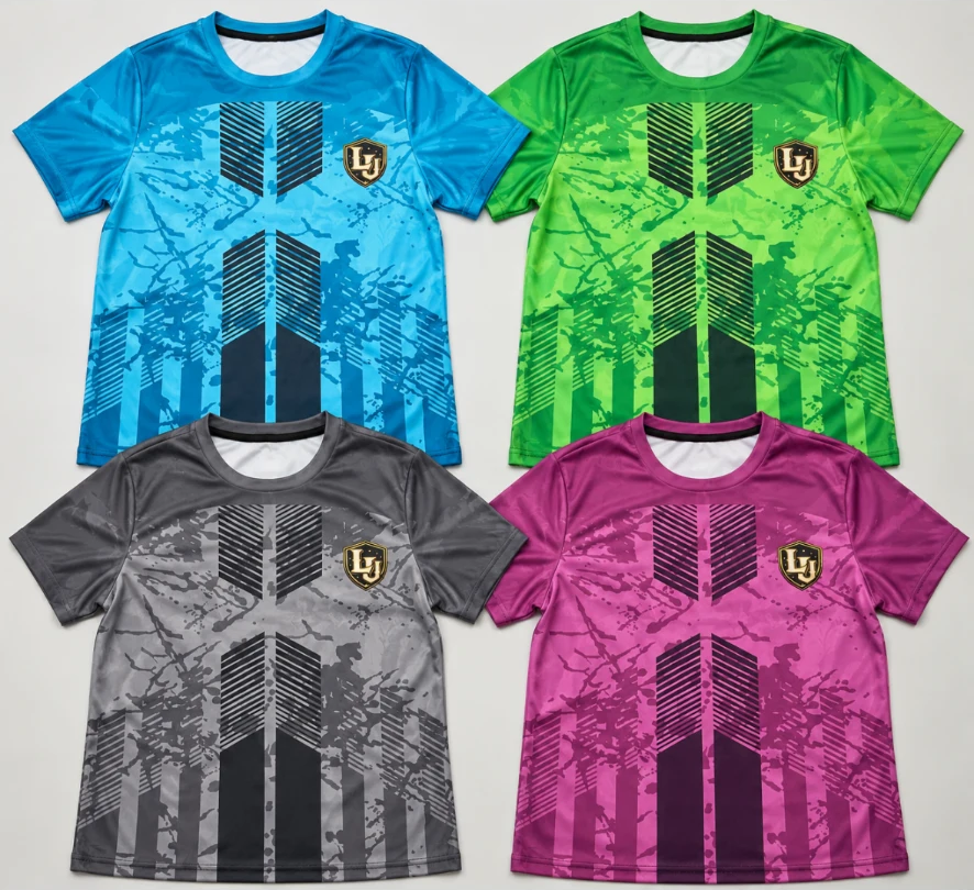 Four Legends University training jerseys from the front in blue, green, gray, and purple, each with the LU crest on the chest