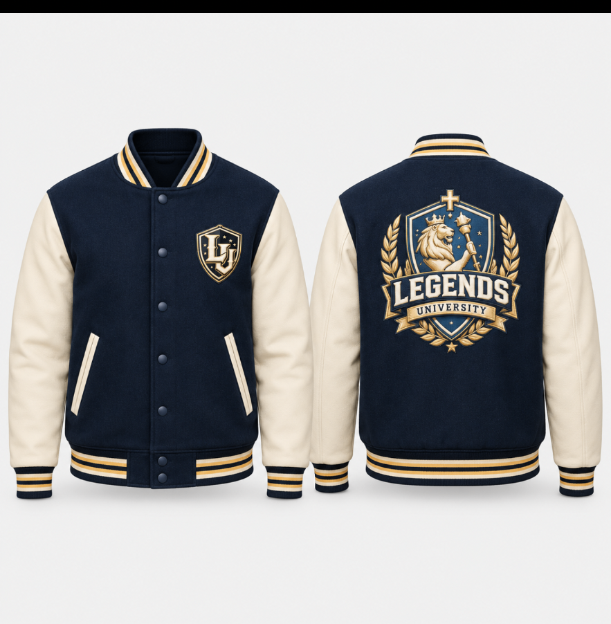 Navy wool varsity jacket with cream leather sleeves, shown front and back with the LU crest and Legends University lion emblem