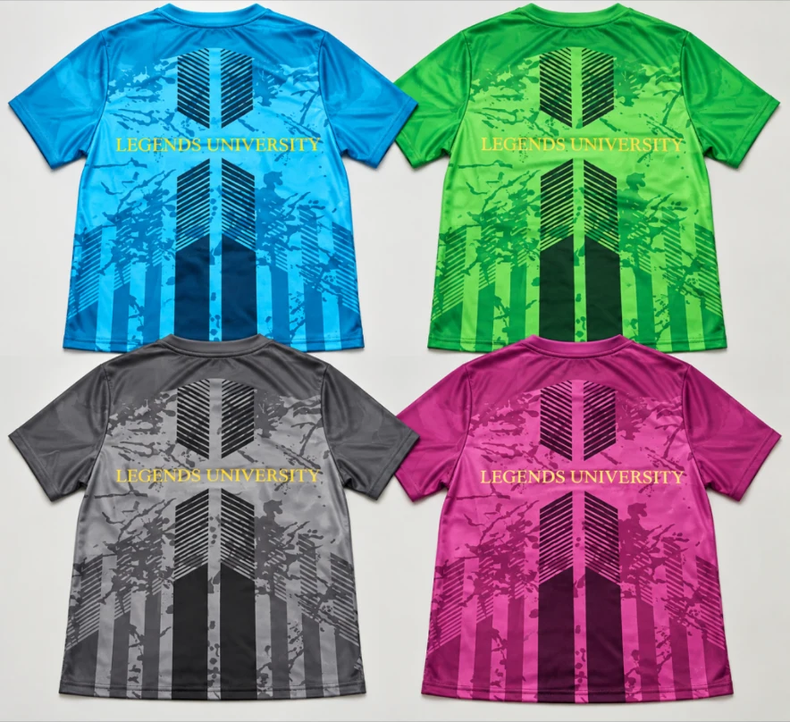 Four Legends University training jerseys from behind in blue, green, gray, and purple, each with LEGENDS UNIVERSITY across the back